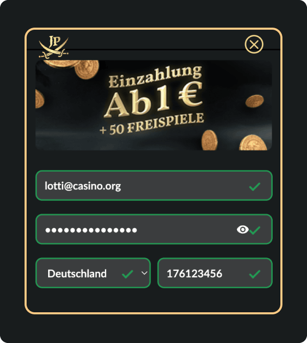 JackpotPiraten secure registration and bonus activation form